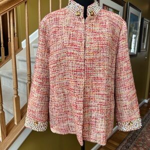 NWT Chico’s Red Multi/Taupe Tweed Embellished Blazer